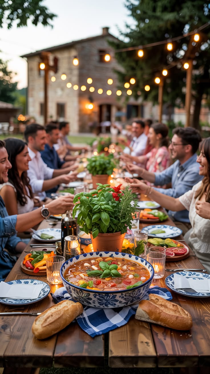 A long candlelit table set beneath string lights
